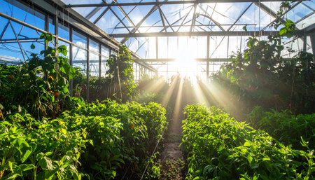 Greenhouse with rows of fresh vegetables growing in a greenhouse with sunbeamsの素材