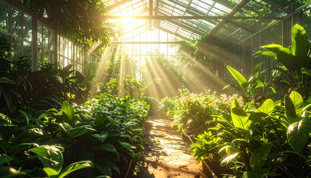 Greenhouse with beautiful plants and sunlight in botanical garden, stock photoの素材
