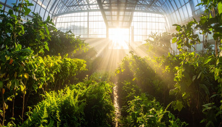 Sunlight shining through the greenhouse with green plants and sunbeamsの素材
