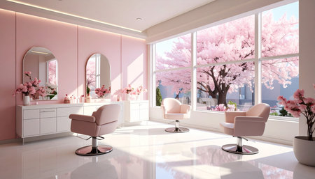 3d render of modern living room with pink wall and white furnitureの素材