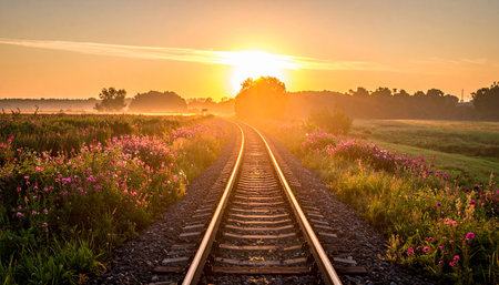 Railway in the countryside at sunrise or sunset. Beautiful landscape with railroad.の素材