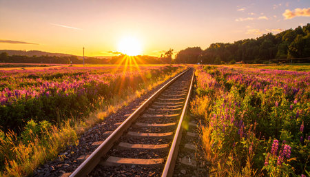Sunset over railroad tracks and lupine flowers in summer.の素材