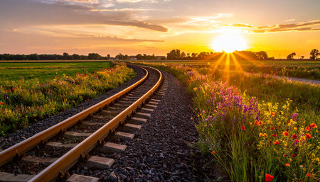 Railway in the field at sunset. Beautiful summer landscape with railroad.の素材