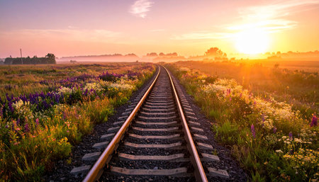 Railway in the field at sunrise. Beautiful summer landscape with railroad.の素材