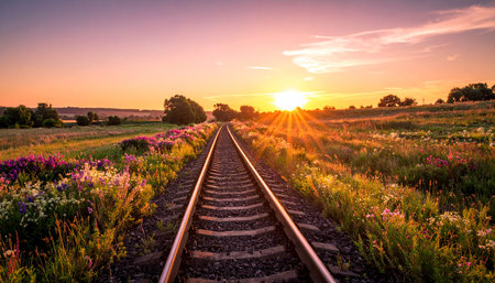 Railway in the field at sunset. Beautiful summer landscape with railroad.の素材
