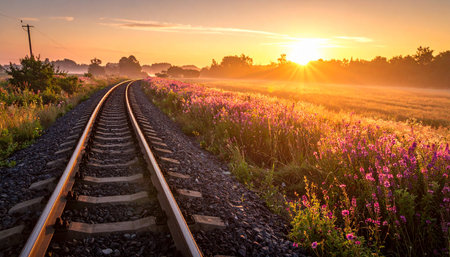 Railway through the field at sunrise. Railway in the morning.の素材