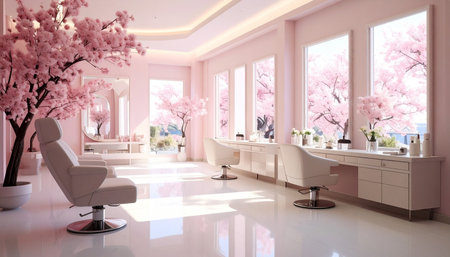 Interior of modern beauty salon with pink and white furniture and flowersの素材