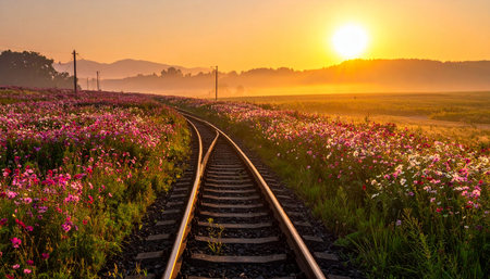 Railway and cosmos flowers in the field at sunrise, Thailand.の素材