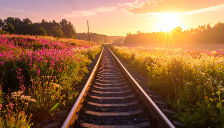 Railway at sunset. Beautiful summer landscape with railroad tracks and flowers.の素材