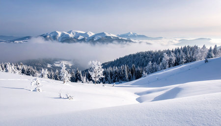 Beautiful winter landscape with snow covered trees in the Carpathian mountainsの素材