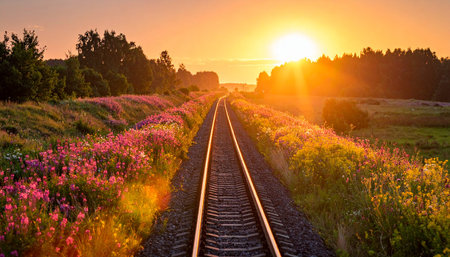 Railway in the field with flowers at sunset. Beautiful summer landscape.の素材