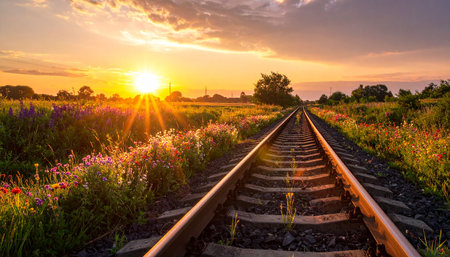 Railway in the field at sunset. Beautiful summer landscape with railroad.の素材