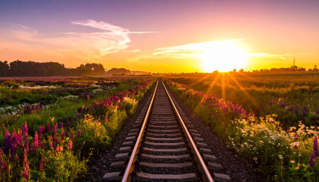 Railway at sunset or sunrise in a summer field with wildflowersの素材