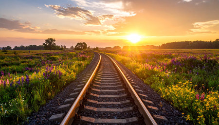 Railway at sunset or sunrise in a summer field with wildflowersの素材