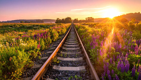 Railway at sunset with purple flowers in the foreground. Landscape photography.の素材