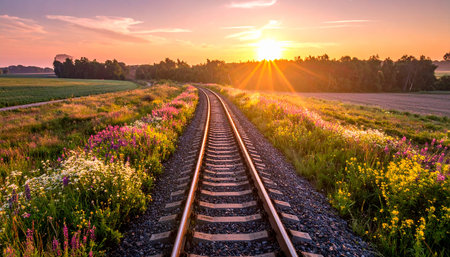 Railroad in the field at sunset. Beautiful summer landscape with railroad.の素材