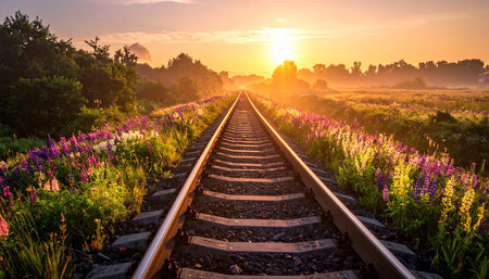 Railway in the fog at sunrise. Beautiful summer landscape with railroad.の素材