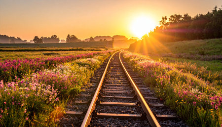Railway in the countryside at sunset. Beautiful landscape with colorful flowers.の素材