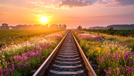 Railway in the meadow at sunset. Beautiful summer landscape.の素材