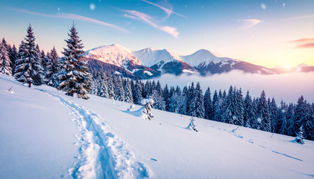 Fantastic winter landscape glowing by sunlight. Dramatic wintry scene. Carpathian, Ukraine, Europe. Beauty world.の素材