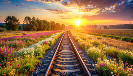 Railway in a colorful meadow at sunset. Beautiful summer landscape.の素材