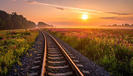 Railway in the field at sunrise. Beautiful summer landscape with railroad.の素材