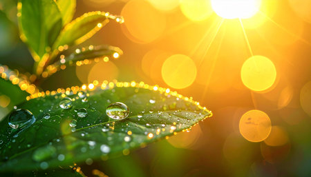 Water drops on green leaf with sunlight. Nature background with copy space.の素材
