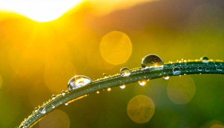 Dew drop on grass blade with sun light bokeh backgroundの素材
