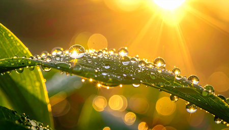 Water drops on green grass in the morning sunlight. Nature background.の素材