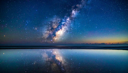 Milky Way over the sea at night, long exposure photograph.の素材