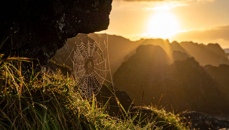Spider web with dew drops on top of a rock at sunsetの素材