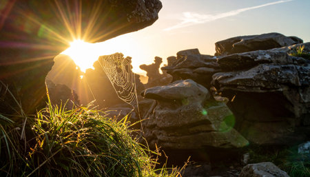 Cobwebs on the rocks in the rays of the setting sunの素材