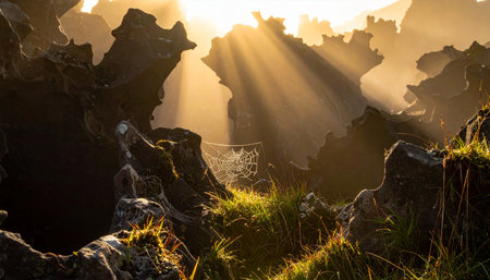 Sunrise over the ocean with spider web in the foreground, Icelandの素材