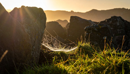 spider web with morning dew on the rocks in the sunlightの素材