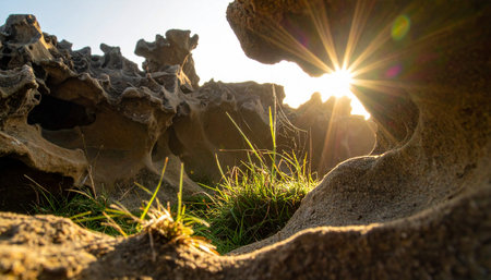 Sunset on the beach with rocks and grass in the foreground.の素材