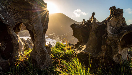 Mountain landscape with rocks and sun rays. Bali island, Indonesiaの素材