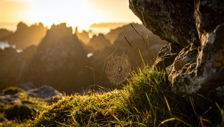 Spider web on the edge of a cliff at sunset in the mountainsの素材