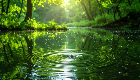 Water drop falling on the surface of the water with green forest backgroundの素材