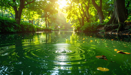 Beautiful green nature background with sunlight and water drop in the parkの素材