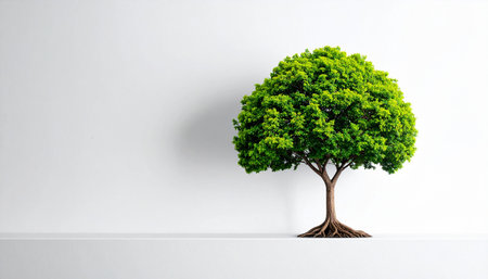 Green tree on white wall background with copy space, Ecology concept.の素材