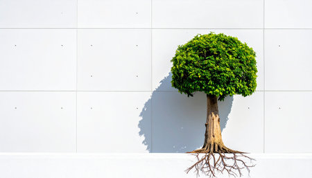 Tree with shadow on white wall, stock photo for design and decorationの素材