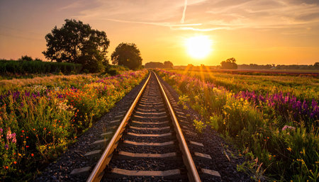 Railway in the meadow at sunset. Beautiful summer landscape.の素材