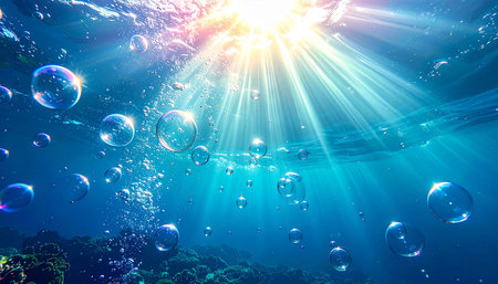 Underwater view of the coral reef with sun rays and soap bubblesの素材
