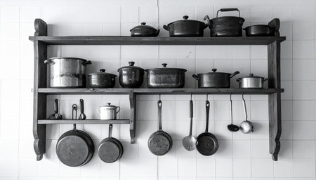 kitchen shelf with black pots and pans on a white wall backgroundの素材