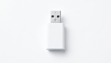 White USB flash drive isolated on white background. Flat lay, top view.の素材