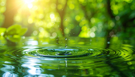 Water drop falling on the surface of the water. Green nature backgroundの素材