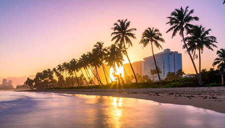 Palm trees on the beach at sunset, Miami, Florida.の素材