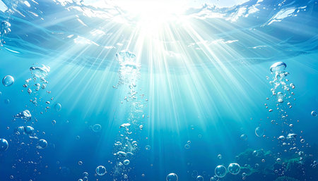 Underwater scene with sun rays and bubbles. Underwater background.の素材