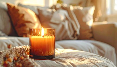 Burning candle in stylish living room, closeup. Space for textの素材