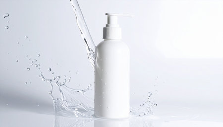 cosmetic bottle with splash on white background, mockup for advertisingの素材